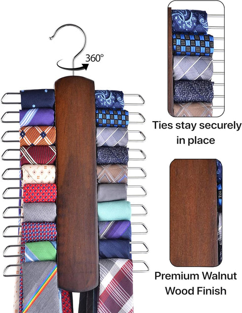 2 Pack 20 Umo Lorenzo Premium Wooden Necktie and Belt Hanger, Walnut Wood Center Organizer and Storage Rack with a