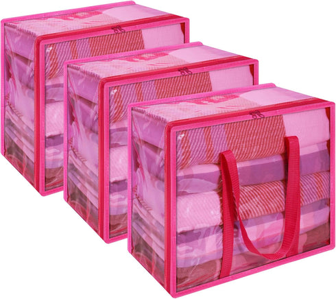 Vieshful 3 Pack Pink 40L Clear Clothes Storage Bag with Zipper for Comforter, Blanket, Bedding, Duvet, Transparent Totes