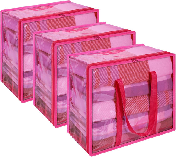 Vieshful 3 Pack Pink 40L Clear Clothes Storage Bag with Zipper for Comforter, Blanket, Bedding, Duvet, Transparent Totes