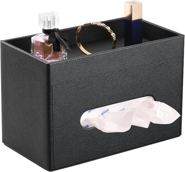 Rectangular Leather Tissue Box Cover with Storage Tray, Black Facial Tissue Holder for Bathroom, Office, Night Stand