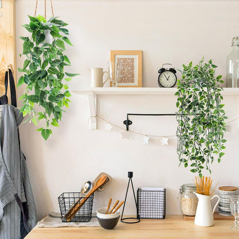 2Pcs Der Rose Fake Plants Artificial Potted Faux Hanging Ivy Vines Plants Indoor for Home Bathroom Shelf Wall Bookshelf