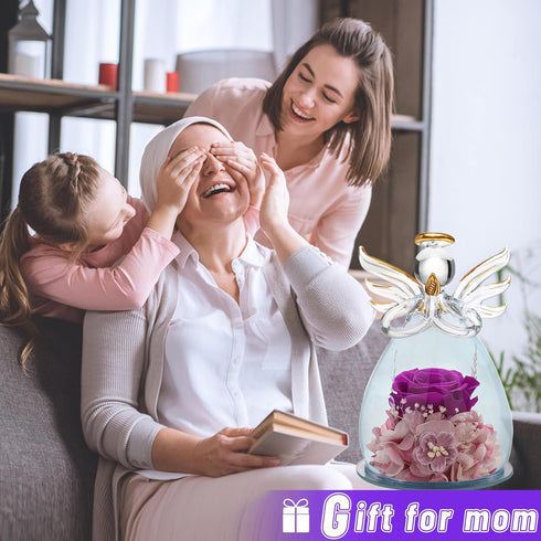 ANLUNOB Preserved Rose Gifts for Women, Mom, Grandma, Wife, Glass Angel Figurines with Pretty Purple Flowers for