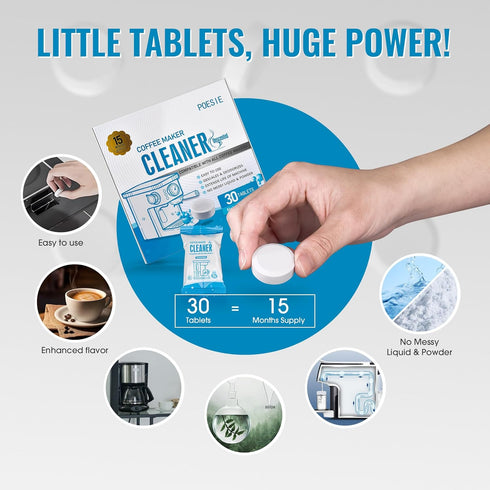 Poesie 30 Count Coffee Machine Cleaning Tablets, Cleaner and Descaler for All Coffee Machines