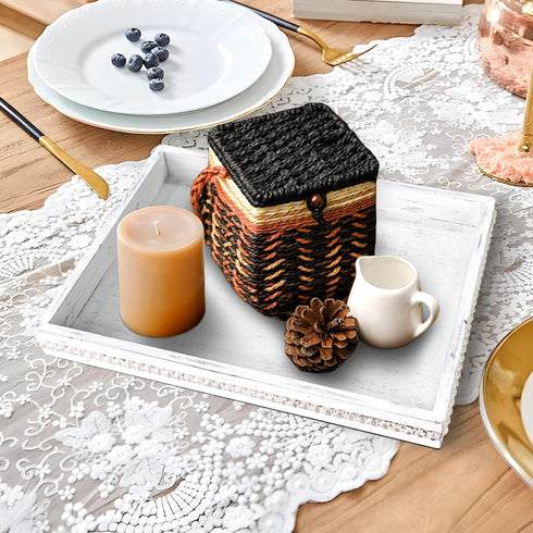 Countertop, 16.5" 13"x 1.6" Wooden Decorative Tray, Rectangular Serving Tray with Wood Bead, Farmhouse Big Tray