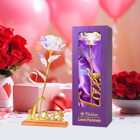 Childom Birthday Gifts for Women - Christmas Rainbow Rose with Love Stand for Mom, Grandma, Wife - Sweet Artificial