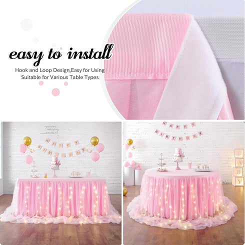 leegleri Pink Tulle Table Skirt for Baby Shower - 6FT Ruffle Tutu with LED Light for Birthday Party Decorations