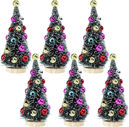 Winlyn 6 Pcs Artificial Mini Christmas Trees 4.3 Inch Frosted Green Bottle