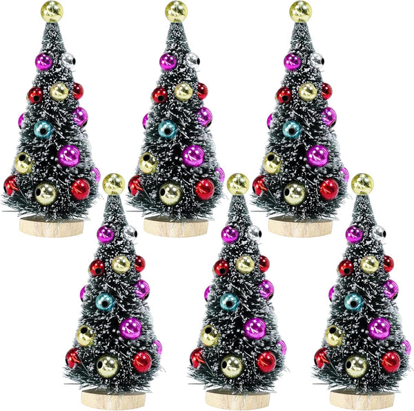 Winlyn 6 Pcs Artificial Mini Christmas Trees 4.3 Inch Frosted Green Bottle