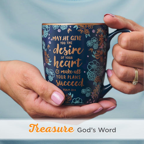 Christian Art Gifts Blue Bible Verse Mug, Floral Faith Ceramic Coffee Mug w/Gold Trim & Psalm 20:4