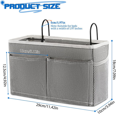 Bedside Caddy Hanging Storage Basket, Bed Organizer for Headboards, Bunk Dorm Rooms, Crib Beds (Grey)