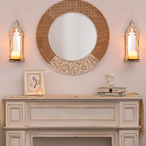 Set 2 Farmhouse Mirror Wall Candle Sconces of - Shabby Chic Decor Rustic Candle Holder French for Bathroom Living Room