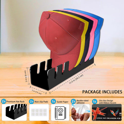 Acrylic Hat Organizer for Baseball Caps, 2 Pack No Install Stand, Storage Rack for 14 Baseball Hats (Black)