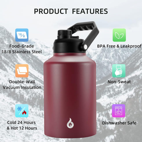 BJPKPK One Gallon (128 oz) Insulated Water Bottle, Dishwasher Safe Stainless Steel Thermos, BPA Free Jug, Brick Red