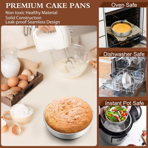 P&P CHEF 6 Inch Cake Pans Set of 4, Round Baking Pan, Stainless Steel Layer Cake Pans, Dishwasher Safe