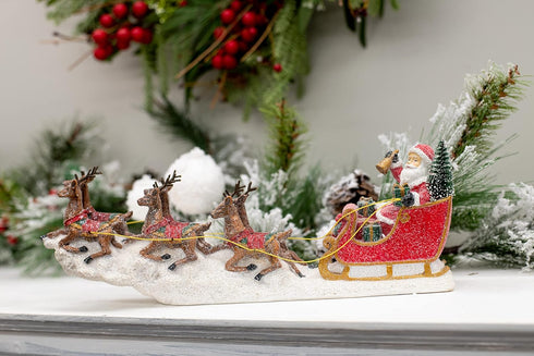 Transpac Y3954 Imports Reindeer Santa Sleigh Figurine - 14.5-inch Length, Resin, Multicolor