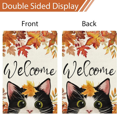 Welcome Fall Garden Flag 12 x 18 Inch Double Sided Burlap, Cute Cat Yard Flags for Thanksgiving Outdoor Decoration