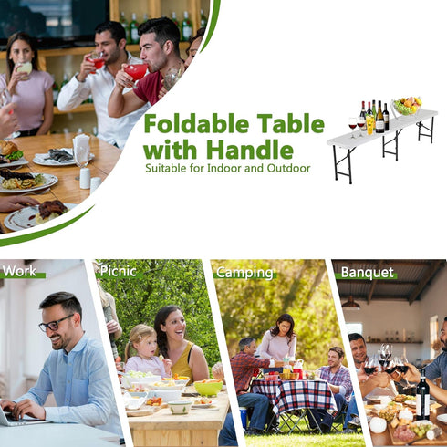 6Ft 6 Folding Tables Outdoor Dining Table, Portable Picnic Table Fold Up Lightweight Party Tables, Foot Bench Camping