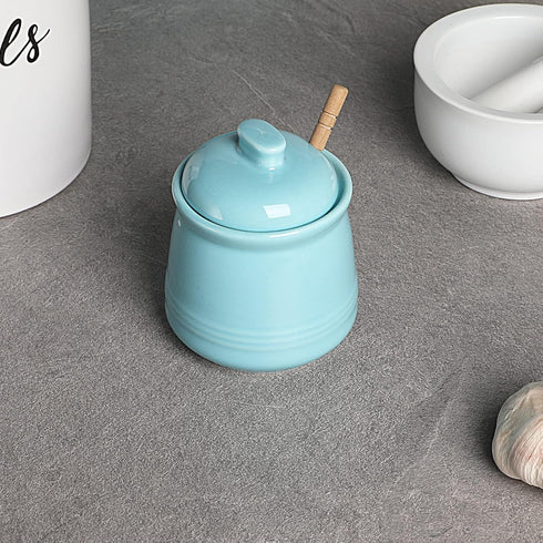 pot,12oz LEETOYI Porcelain Honey Jar with Lid and Honey Dipper,Ceramic Honey (Turquoise)