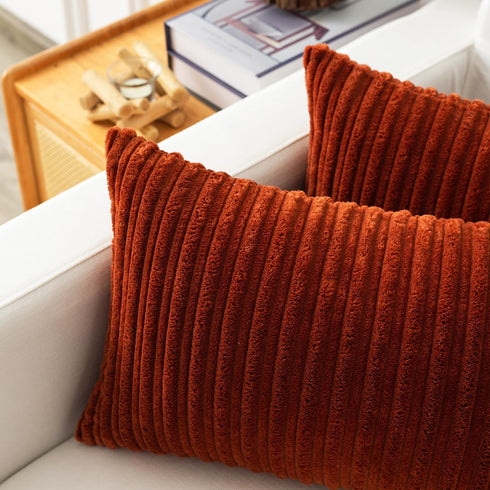 Kevin Textile Fall Lumbar Pillow Covers, Solid Striped Velvet Corduroy Cushion Cover, 12 x 20, 2 Pack, Burnt Brick