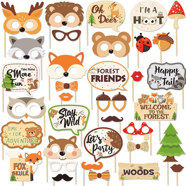 35 PCS Woodland Animal Photo Booth Props - Wild One Camping Theme Party Favors for Baby Shower Birthday Supplies