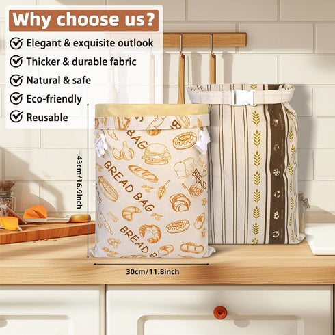 2 Pack Beeswax Bread Bags - Large Reusable Cotton Linen Food Storage Covers for Sourdough & Homemade Bread, Waxed Bags