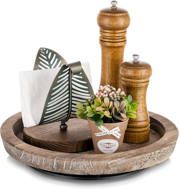 Turntable Rustic Wooden Serving Tray: Hanobe Round Wood Decorative Vintage Centerpiece Candle