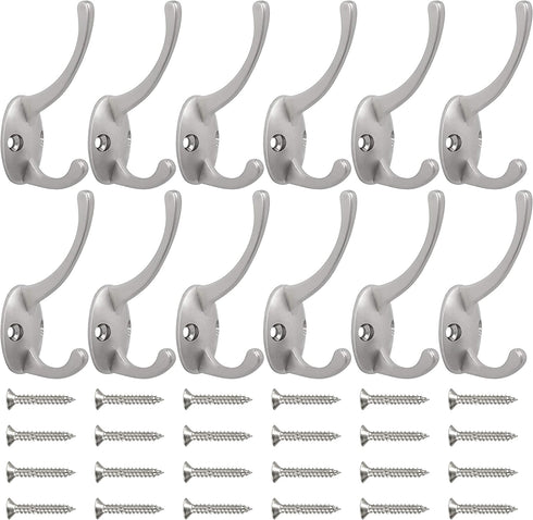 IBosins 12 Pack Silver Coat Hooks, Wall Mounted with 24 Screws, Retro Double Hooks for Coat, Scarf, Bag