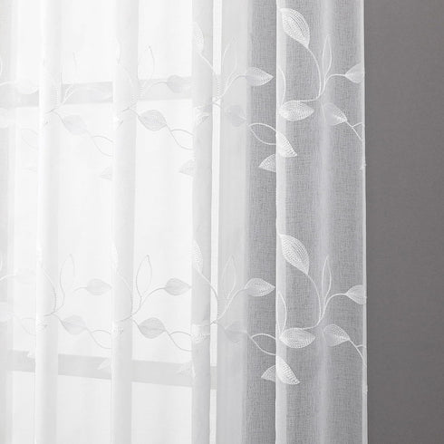 Tollpiz White Leaf Sheer Tier Curtain, 30 x 36 inches, Set of 2 Panels, Embroidered Voile Kitchen Bathroom Treatment