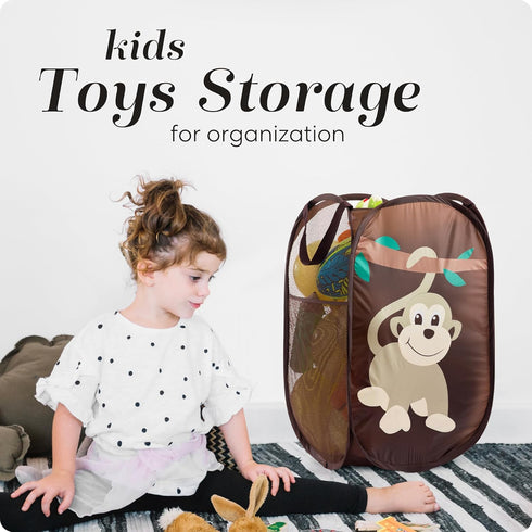 Handy Laundry Collapsible Mesh Pop Up Hamper with Wide Opening and Side Pocket for Clothes and Storage (Monkey)