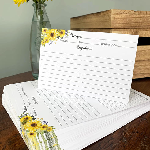 321Done Folding Recipe Cards Set of 50, Sunflowers on White, Retro Vintage Wedding Baby Bridal Shower Party