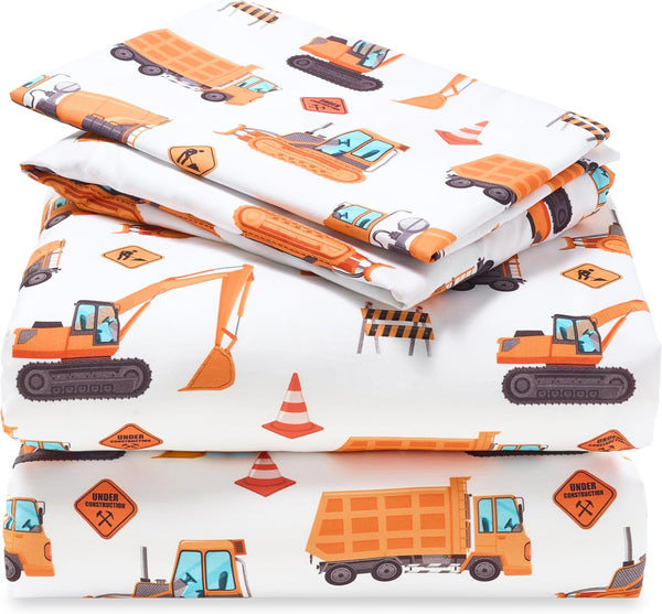 Joiedomi Kids Twin Sheet Set Construction Vehicle - 3 Piece Soft Microfiber
