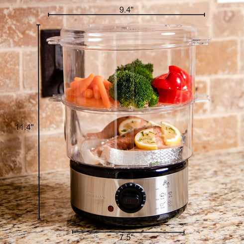 OVENTE 2 Tier Electric Food Steamer - Stainless Steel Base, Stackable Baskets, 400W with 60-Minute Timer