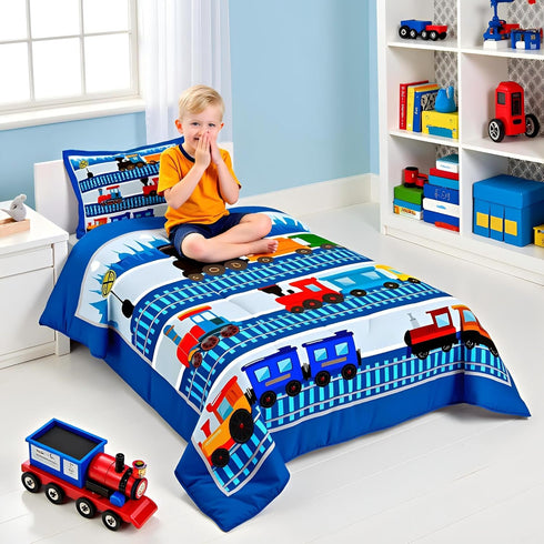 Set 2Pcs,City Sets Insert,1 Cartoon Train Comforter Kids Train Bedding Twin Size ,Colorful Vehicles Car Boys Bed in a