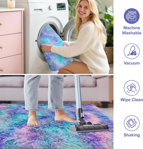 3x10 Purple Rainbow Rug for Girls Bedroom Bedside Runner Ft, Soft Fluffy Rugs for Kids Room Shag Carpet for Living Room