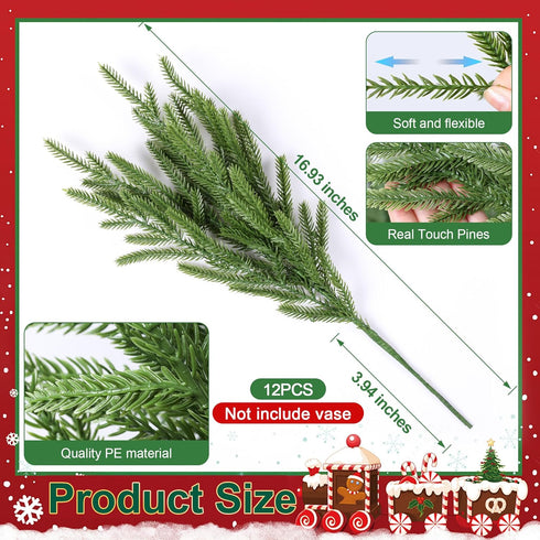 17 Branches,19 Inch HyeFlora PCS Christmas Norfolk Pine Stems with Small Pinecones and Red Berries Real Touch