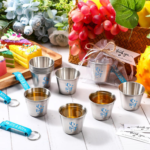 25 Sets 1.5 oz Vesici Baby Shower Favors for Guests Stainless Steel Shot Glasses Cute Bottle Opener Keychains Thank You