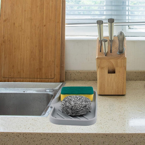 Silicone Kitchen Sink Tray Soap Dish Holder with Built-in Drain Lip, Large Countertop Organizer for Dish Soap/Sponge