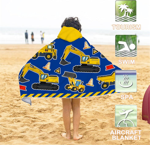 Kids Beach Towel with Hood - Excavators Vehicles Theme for Boys & Girls, Microfiber Soft Bath Poncho Wrap Robe