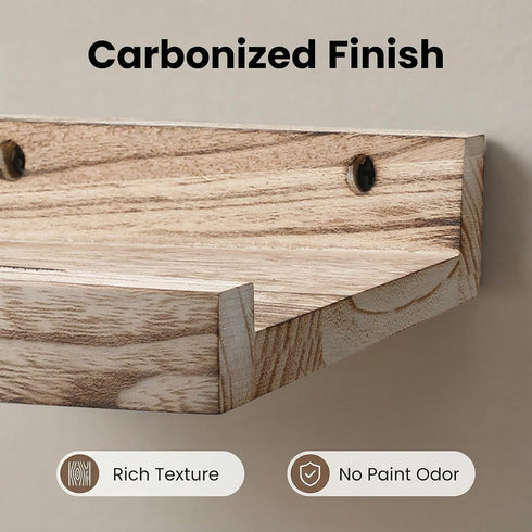 6 5.5inch, 3 Pack Z metnal Mini Floating Shelves, Small Natural Wooden Display Wall Shelf for Picture Ledge, Pawlownia