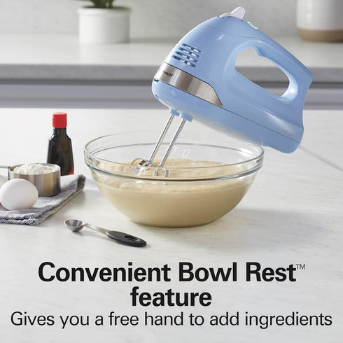 Hamilton Beach 6-Speed Electric Hand Mixer with Whisk, Dough Hooks, Easy Clean Beaters, 275 Watts, Blue