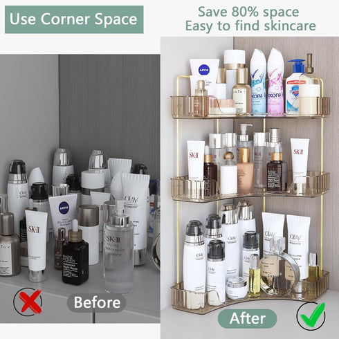 Webetop Countertop Bathroom Organizer, 3 Tier Corner Shelf for Makeup, Skincare, Cosmetic, Toiletries, Amber