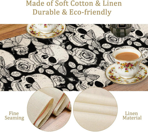 13x36 inches Gothic Table Runner White Skull Flowers Moth Pattern Table Runner Table Cloth Decoration Dresser Garden
