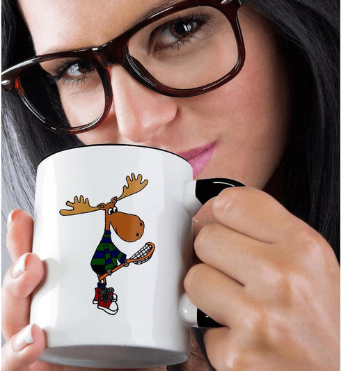 3dRose "Funny Moose With Lacrosse Stick Art" Two Tone Black Mug, 11 oz