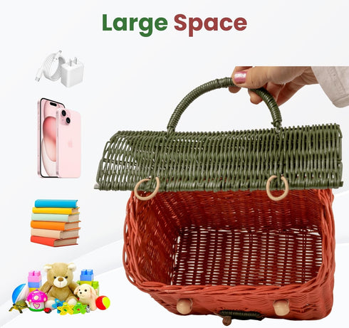 KOLWOVEN Rattan Storage Basket with Lid - Mouse in a Box - Small Doll House - Decorative Hand Woven Shelf Organizer