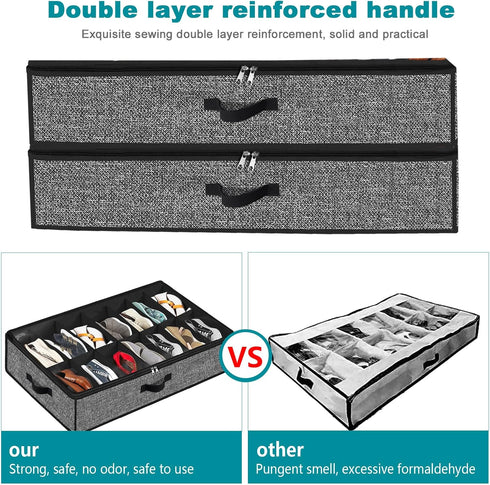 Under Bed Shoe Storage Organizer, 2 Pack for 28 Pairs, Clear Window, Foldable Shoe Rack Holder, Black