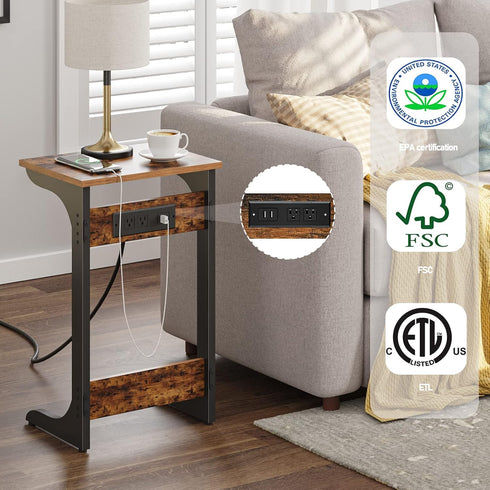 2 V1TB01BB044 TUTOTAK C Shaped End Table with Charging Station, Side Table, Couch Table for Small Spaces, Tv Tray Table