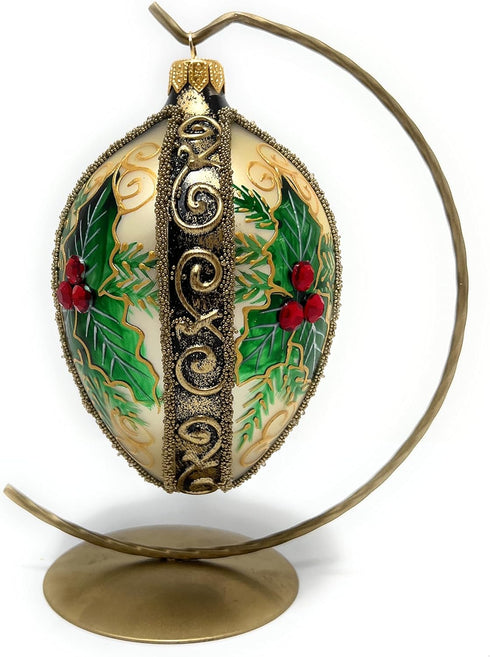 5-Inch Faberg Egg Blown Glass Christmas Tree Ornament Mistletoe Leaf Gold