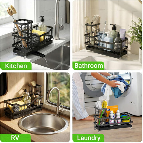 Countertop, Sponge Holder for Kitchen Sink, Self-Draining Sink Caddy Organizer with Removable Brush Holder, Rustproof