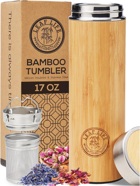 LeafLife 17oz Premium Bamboo Tea Bottle - Insulated Tea Infuser Bottle - Loose Tea Gifts & Accessories