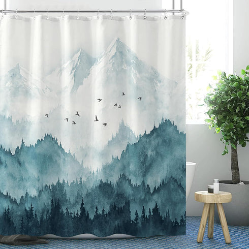 Watercolor Mountain Forest Shower Curtain, Nature Misty Foggy Navy Blue Tree Art with 12 Hooks, 72 ×72 Inch Bathroom